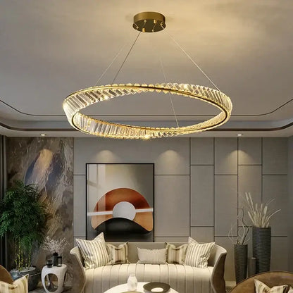 Luxury gold dna spiral crystal chandelier living room ring light