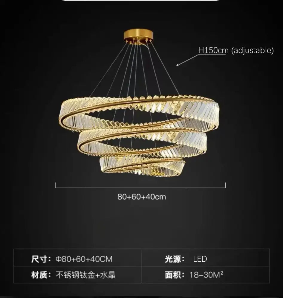 Luxury gold dna spiral crystal chandelier living room ring light