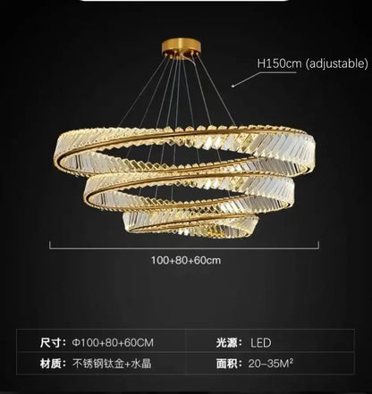 Luxury gold dna spiral crystal chandelier living room ring light