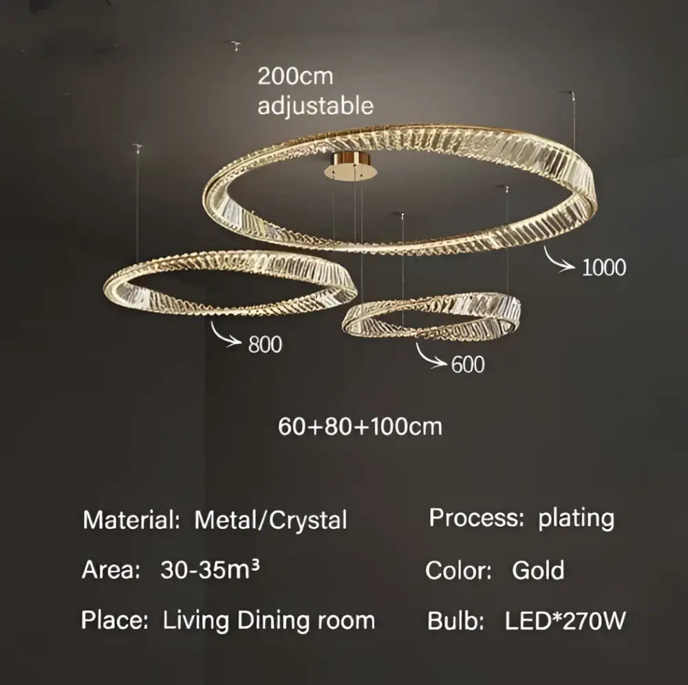 Luxury gold dna spiral crystal chandelier living room ring light