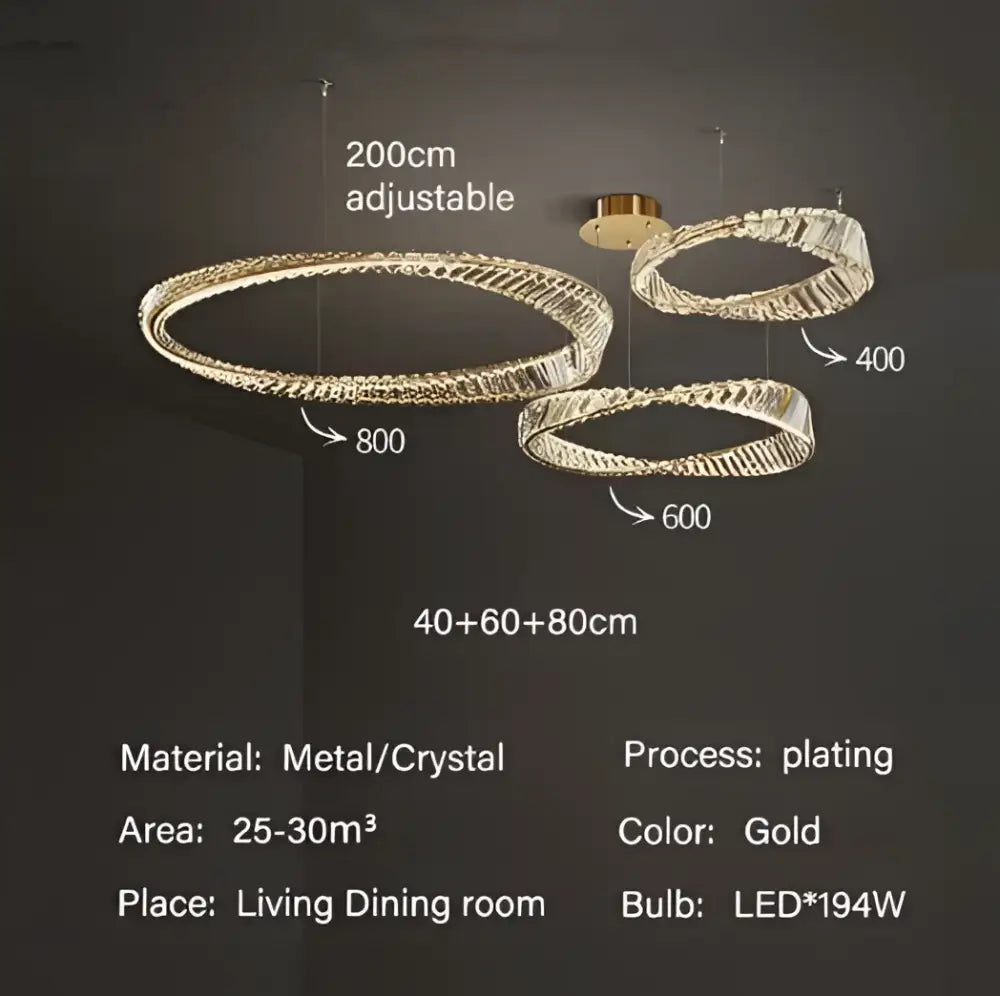 Luxury gold dna spiral crystal chandelier living room ring light