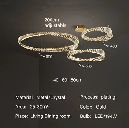 Luxury gold dna spiral crystal chandelier living room ring light