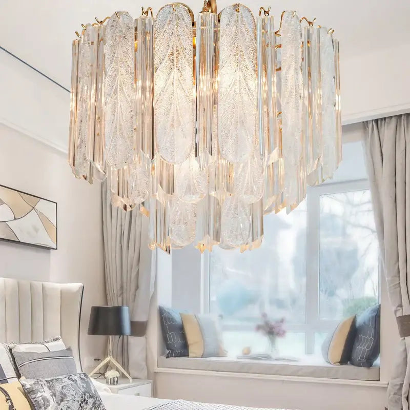 Luxury gold leaf crystal bedroom pendant lamp