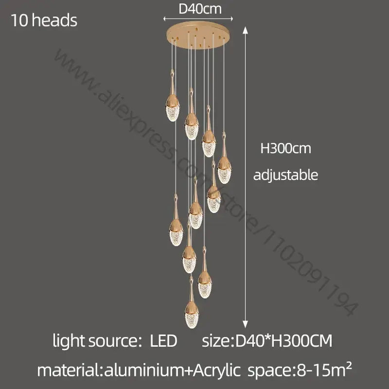 Luxury gold led staircase chandelier crystal living room pendant light