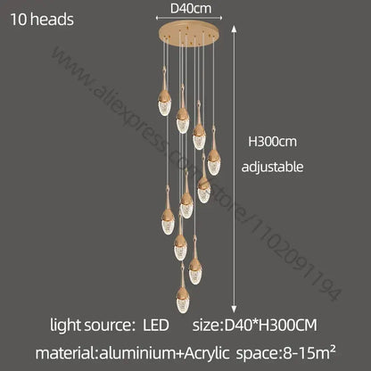 Luxury gold led staircase chandelier crystal living room pendant light