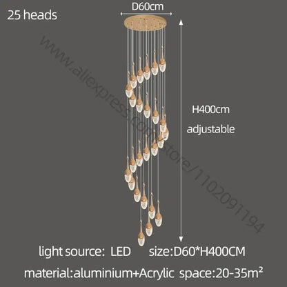 Luxury gold led staircase chandelier crystal living room pendant light