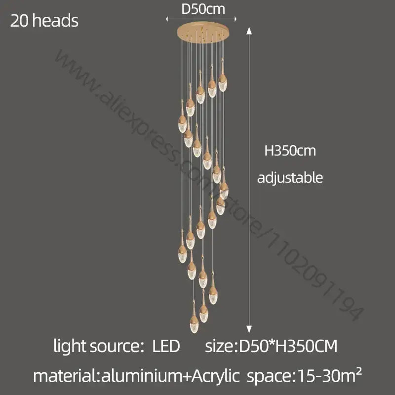 Luxury gold led staircase chandelier crystal living room pendant light