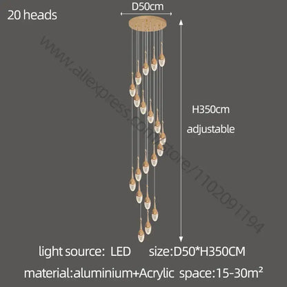 Luxury gold led staircase chandelier crystal living room pendant light