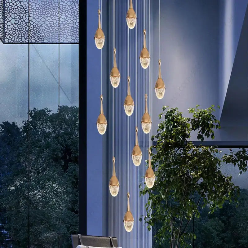 Luxury gold led staircase chandelier crystal living room pendant light