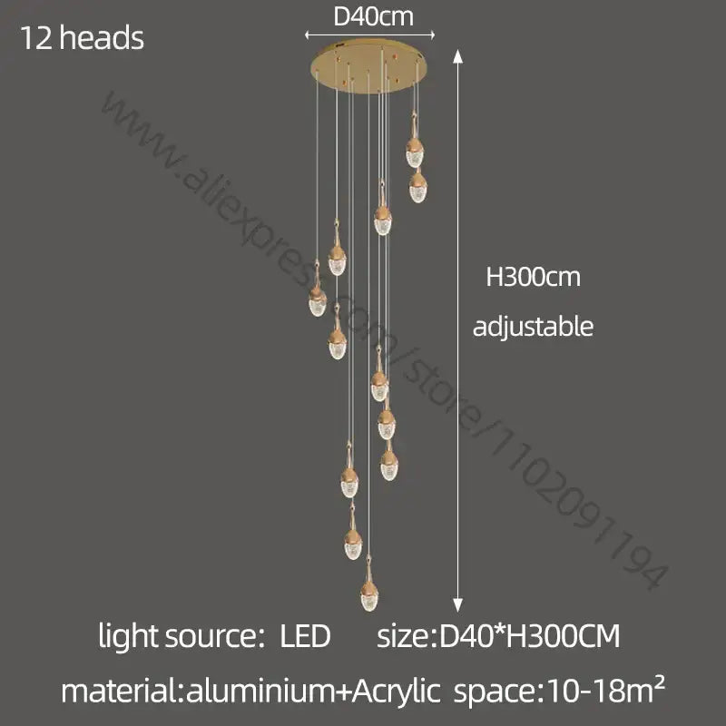 Luxury gold led staircase chandelier crystal living room pendant light
