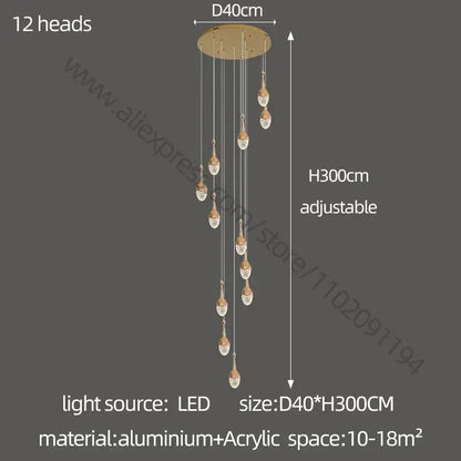 Luxury gold led staircase chandelier crystal living room pendant light
