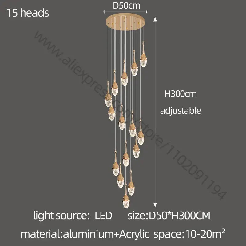 Luxury gold led staircase chandelier crystal living room pendant light