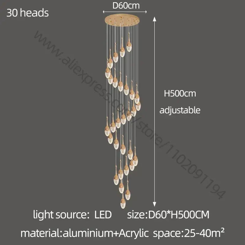 Luxury gold led staircase chandelier crystal living room pendant light