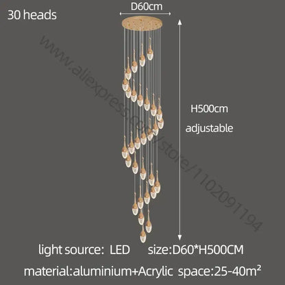 Luxury gold led staircase chandelier crystal living room pendant light