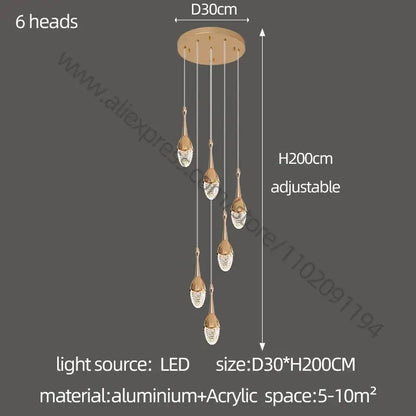 Luxury gold led staircase chandelier crystal living room pendant light