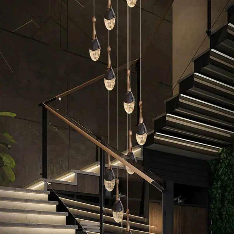 Luxury gold led staircase chandelier crystal living room pendant light