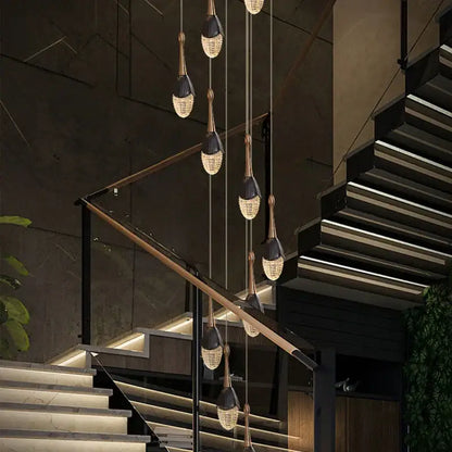 Luxury gold led staircase chandelier crystal living room pendant light
