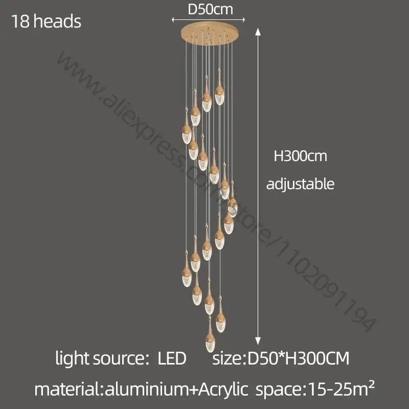 Luxury gold led staircase chandelier crystal living room pendant light