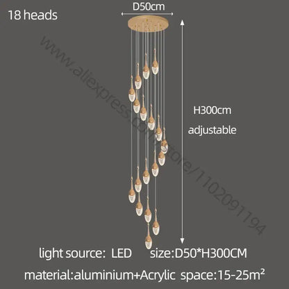 Luxury gold led staircase chandelier crystal living room pendant light