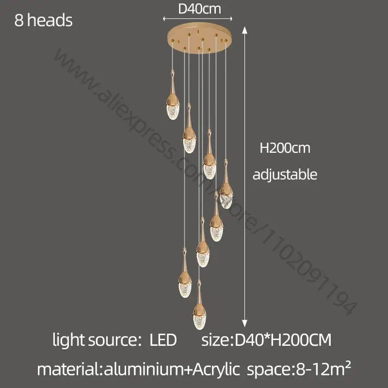 Luxury gold led staircase chandelier crystal living room pendant light