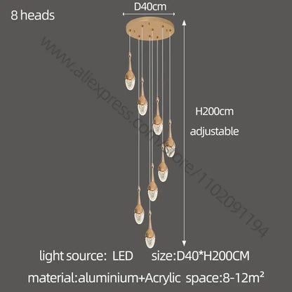 Luxury gold led staircase chandelier crystal living room pendant light