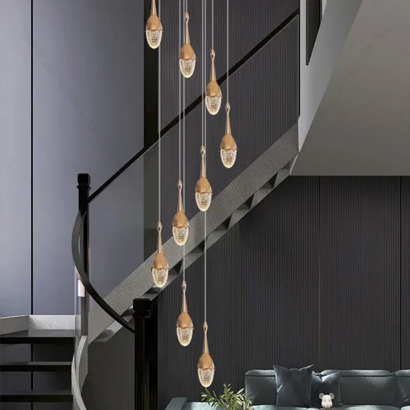Luxury gold led staircase chandelier crystal living room pendant light