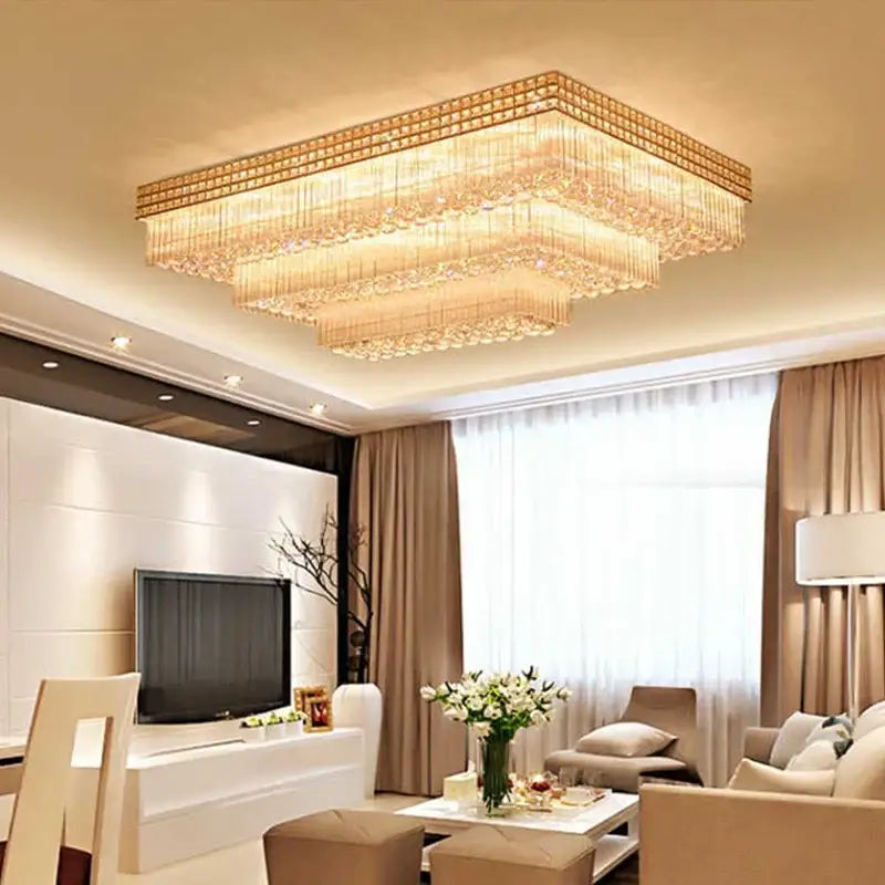 Luxury gold multi-tiered crystal led chandelier for living room