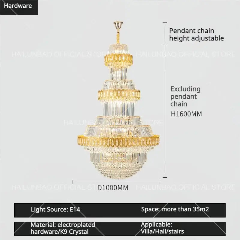 Luxury gold multi-tiered crystal chandelier living room