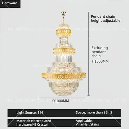 Luxury gold multi-tiered crystal chandelier living room