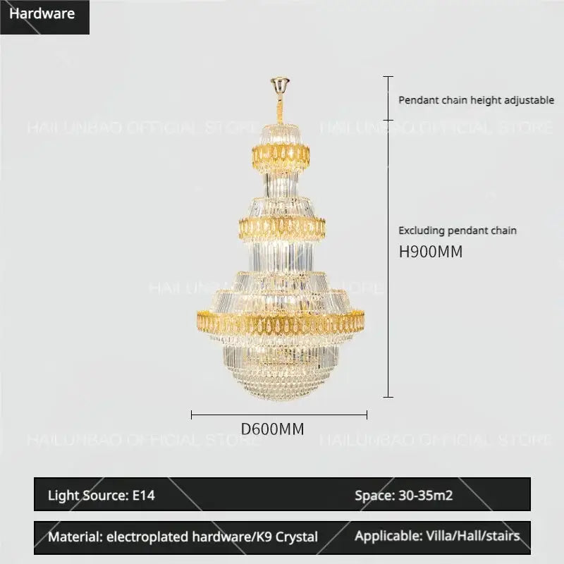 Luxury gold multi-tiered crystal chandelier living room
