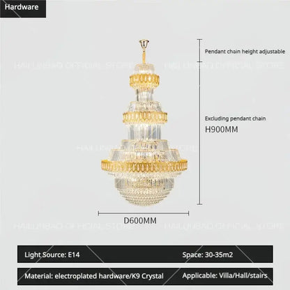 Luxury gold multi-tiered crystal chandelier living room