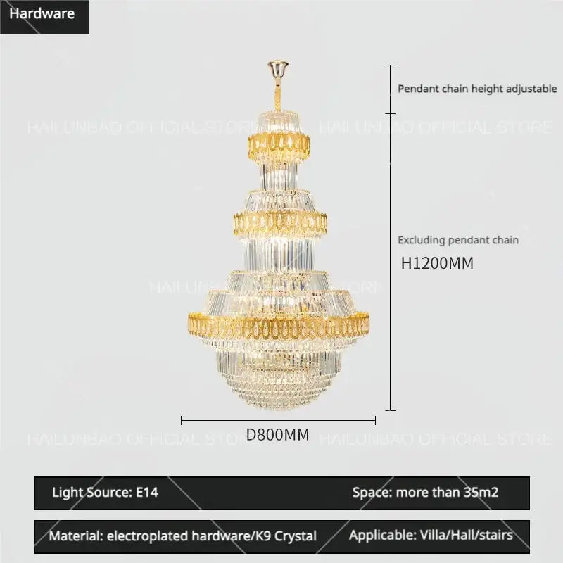 Luxury gold multi-tiered crystal chandelier living room