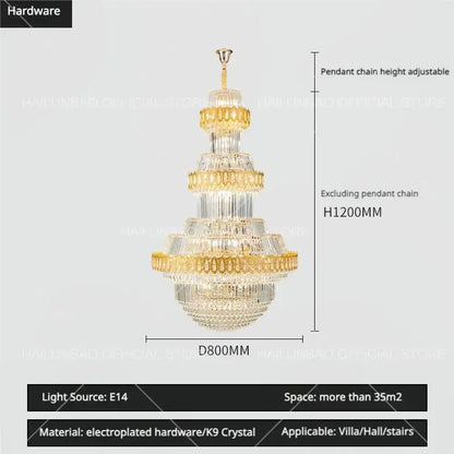 Luxury gold multi-tiered crystal chandelier living room