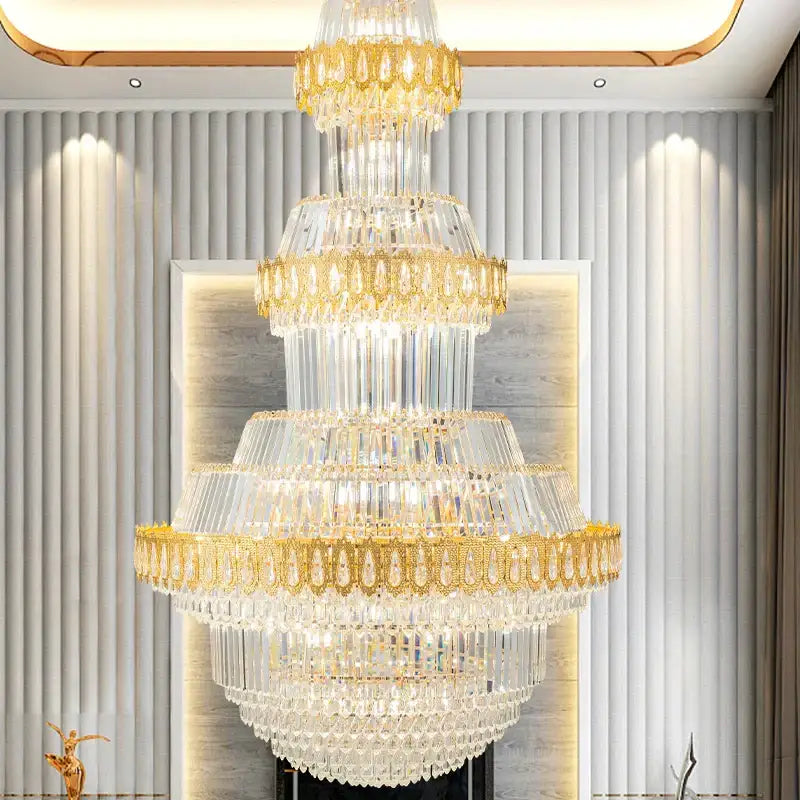 Luxury gold multi-tiered crystal chandelier living room