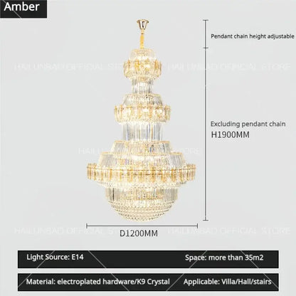 Luxury gold multi-tiered crystal chandelier living room