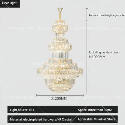 Luxury gold multi-tiered crystal chandelier living room