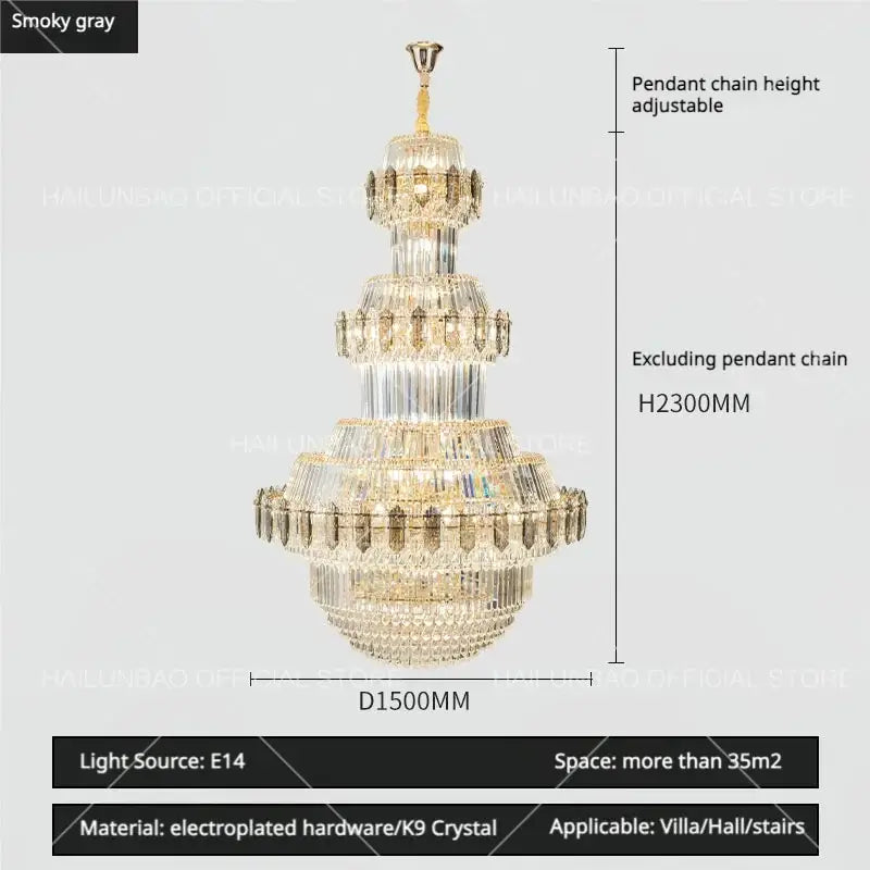 Luxury gold multi-tiered crystal chandelier living room
