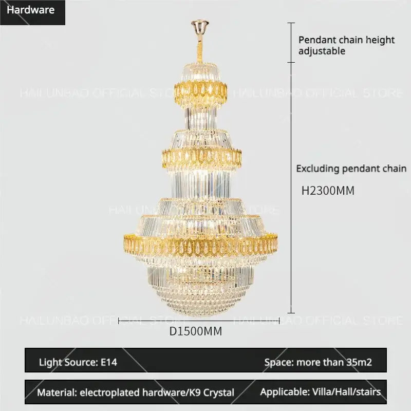 Luxury gold multi-tiered crystal chandelier living room