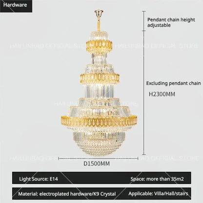 Luxury gold multi-tiered crystal chandelier living room