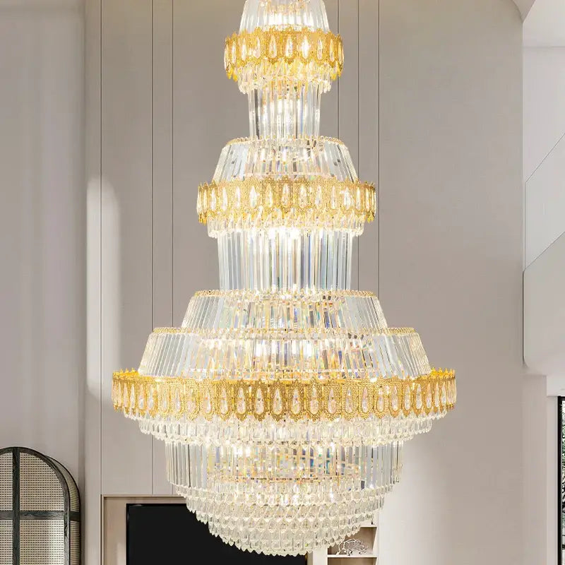 Luxury gold multi-tiered crystal chandelier living room
