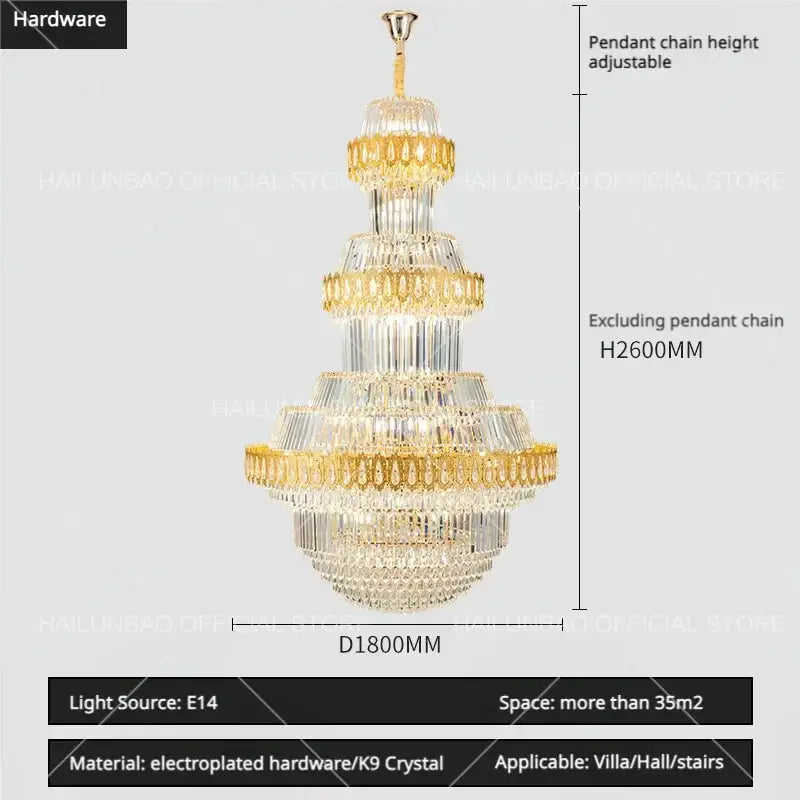 Luxury gold multi-tiered crystal chandelier living room