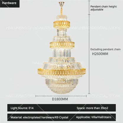 Luxury gold multi-tiered crystal chandelier living room