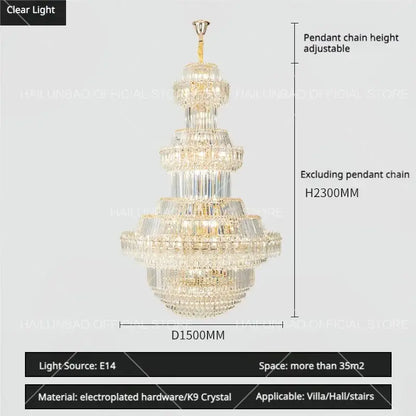 Luxury gold multi-tiered crystal chandelier living room