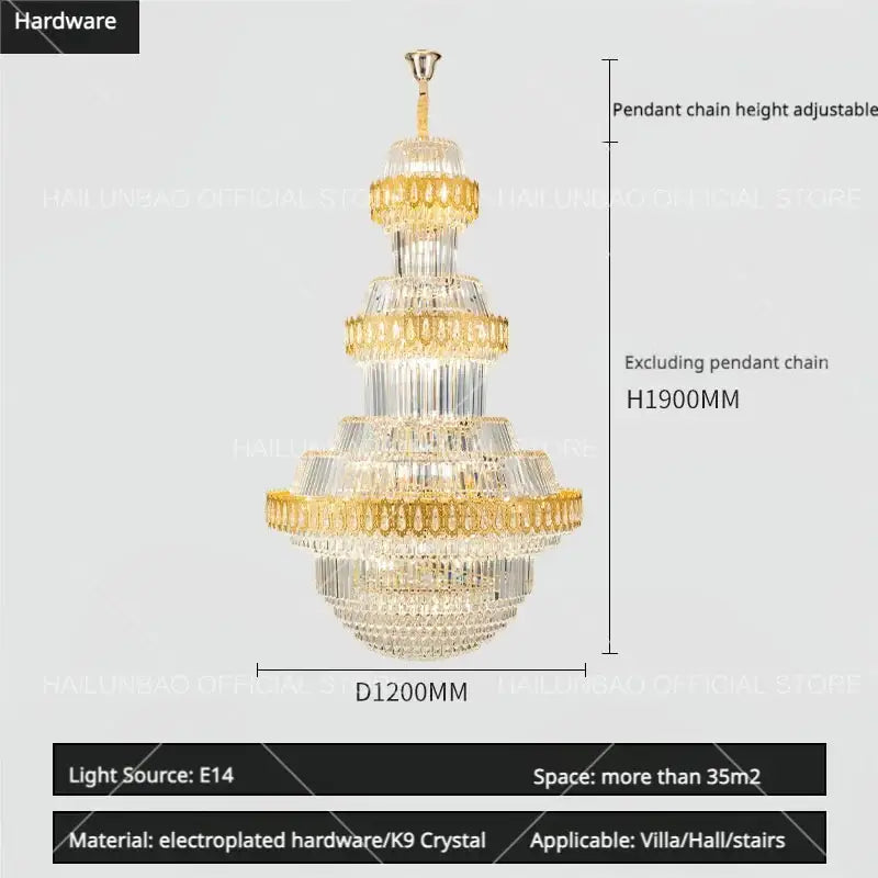 Luxury gold multi-tiered crystal chandelier living room