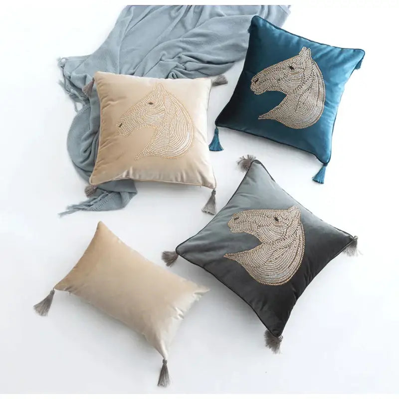 Luxury gold rhinestone square pillow with beaded horse bedroom accent