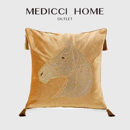Luxury gold rhinestone square pillow with beaded horse bedroom accent