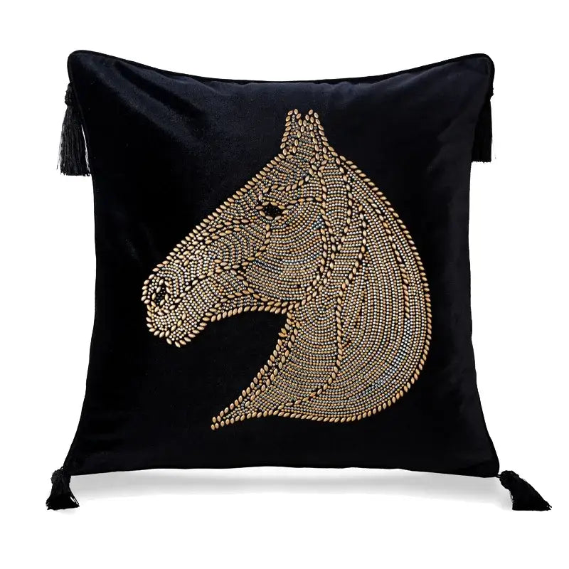 Luxury gold rhinestone square pillow with beaded horse bedroom accent