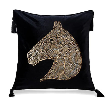 Luxury gold rhinestone square pillow with beaded horse bedroom accent