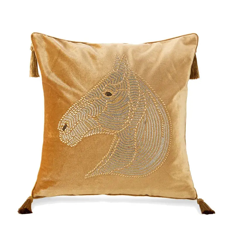 Luxury gold rhinestone square pillow with beaded horse bedroom accent