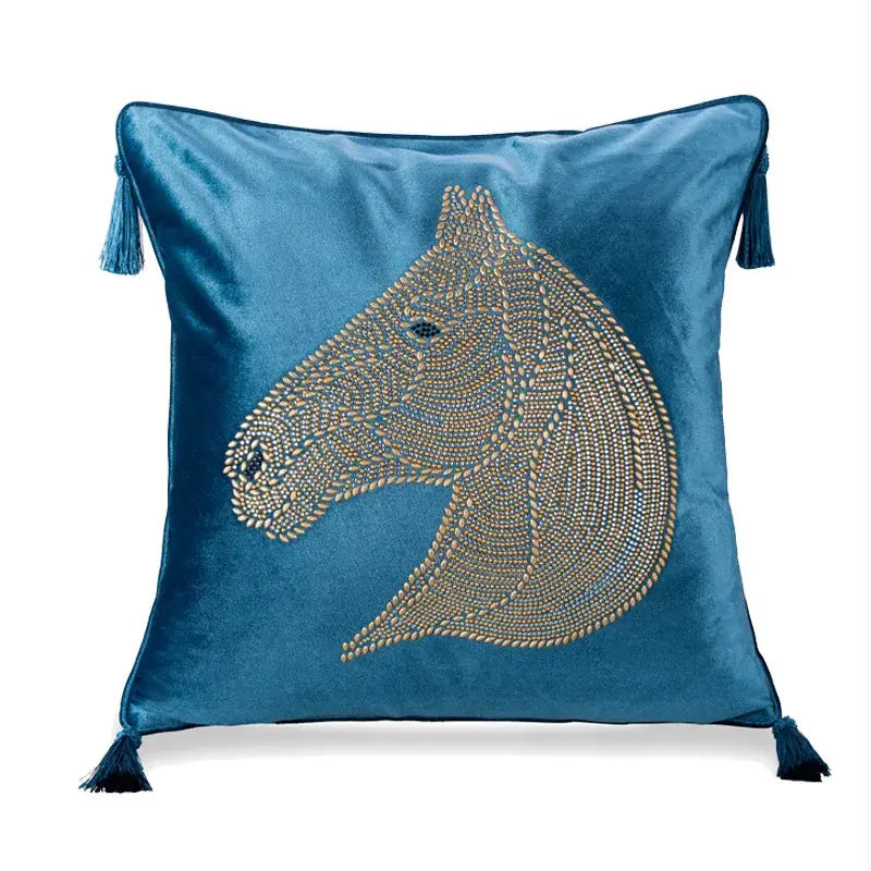 Luxury gold rhinestone square pillow with beaded horse bedroom accent